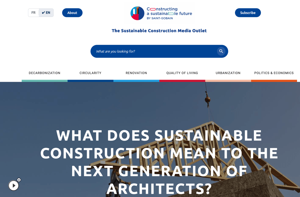 Homepage of a website titled 'Constructing a Sustainable Future' with a focus on sustainable construction, featuring a prominent question about its meaning for the next generation of architects.
