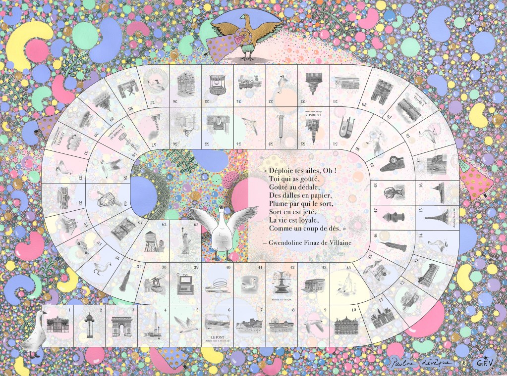 A colorful and whimsical game board featuring various illustrations, including buildings, birds, and objects, arranged in a spiral layout. The board is surrounded by a vibrant background of abstract shapes and patterns.